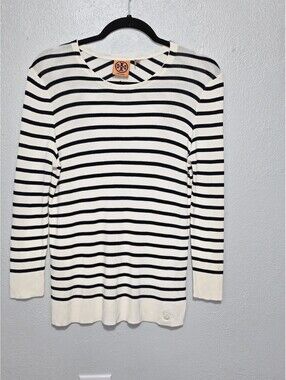 Tory Burch Sweater Small S Cream Navy Blue Striped Ribbed Knit Chevron Back Logo